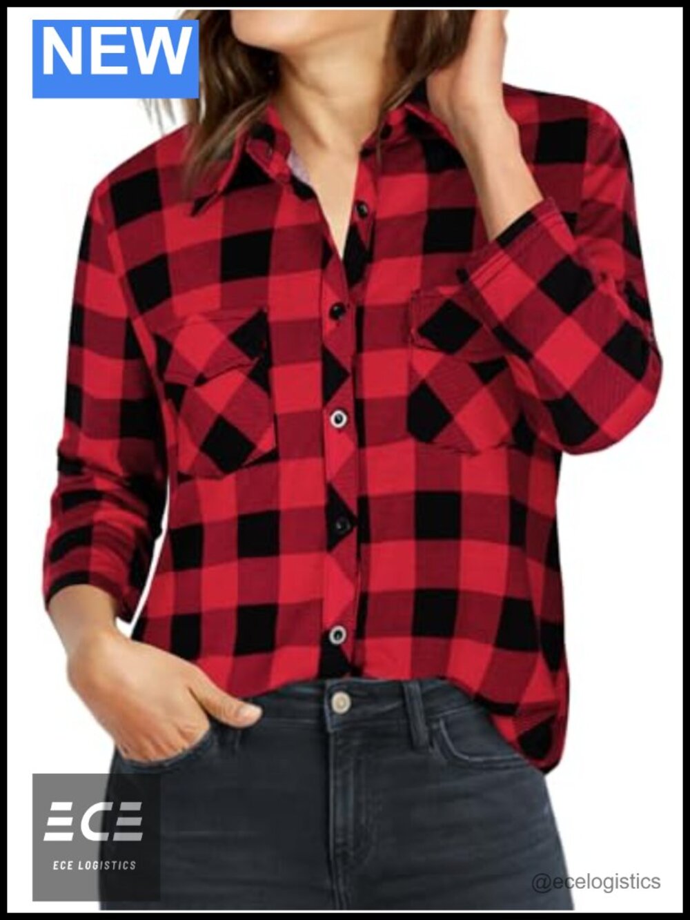 Women's Plaid Button Down Shirt 3/4 Sleeve Collared Tunic Blouse